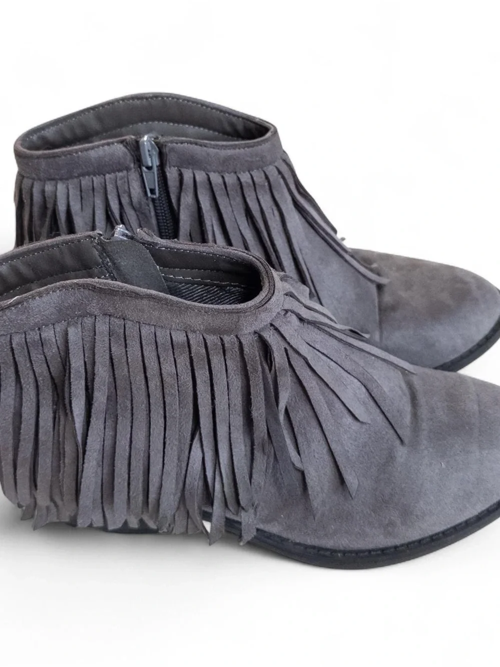 J. Adams Marrow Ankle Boot Dark Grey Charcoal Vegan Suede Fringe Booties 7.5